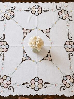 Vintage Embroidered Handcut Floral Tablecloth 45x47 Cottagecore